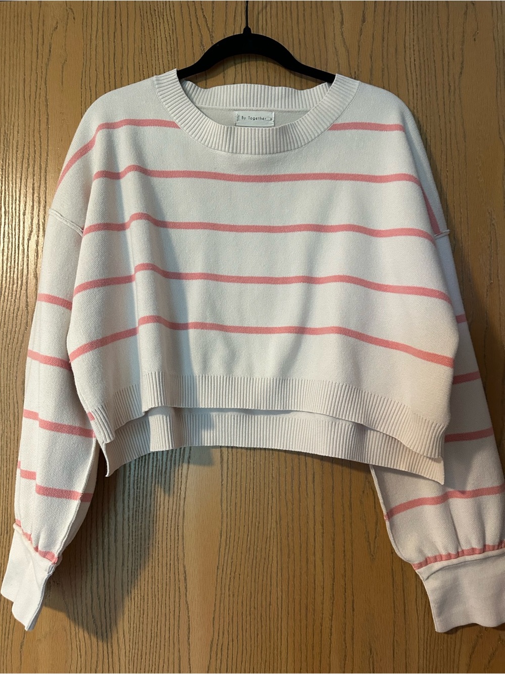 By Together White Cropped Sweater with Pink Stripes